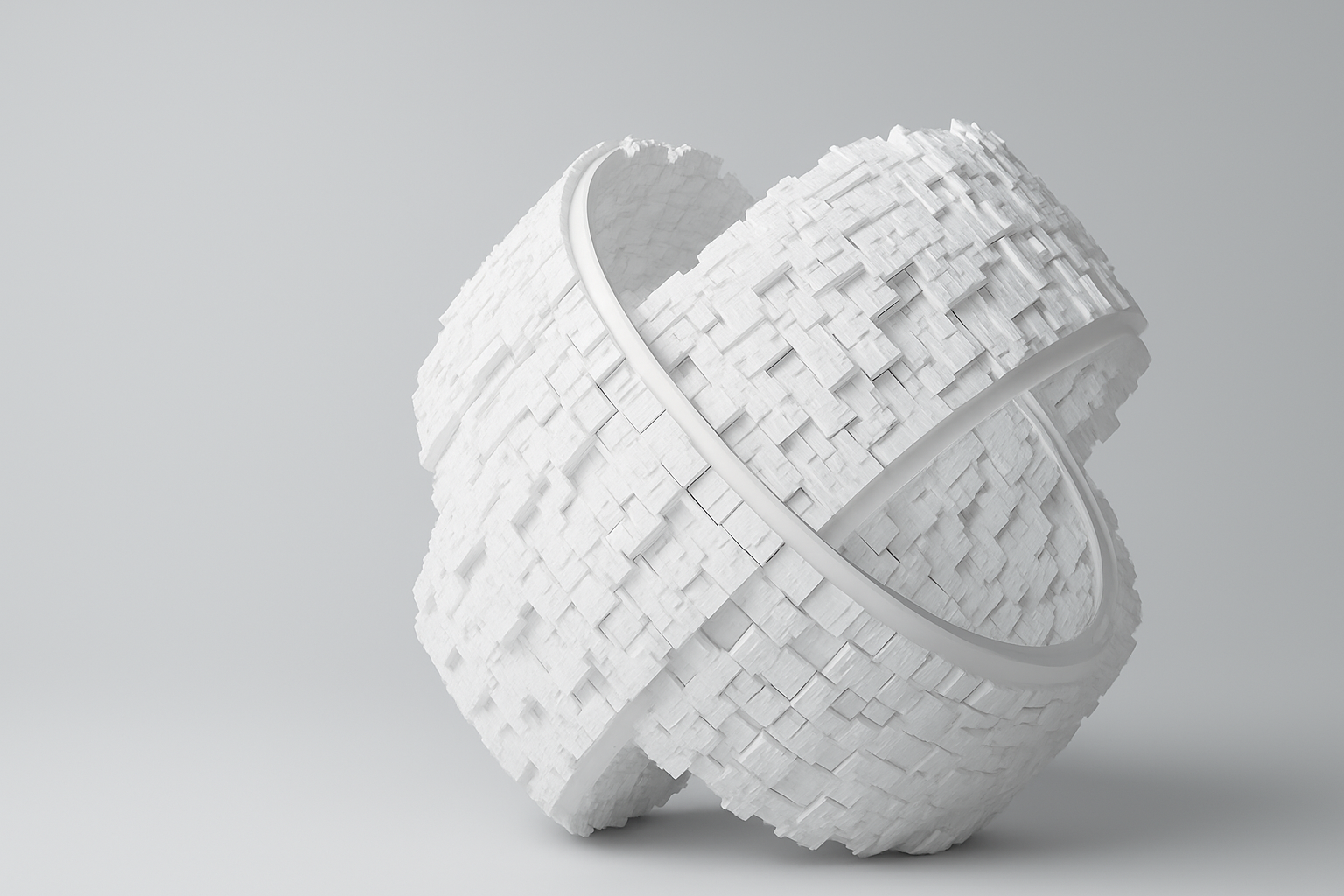 Abstract 3D geometric sphere made of white textured cubes with circular bands