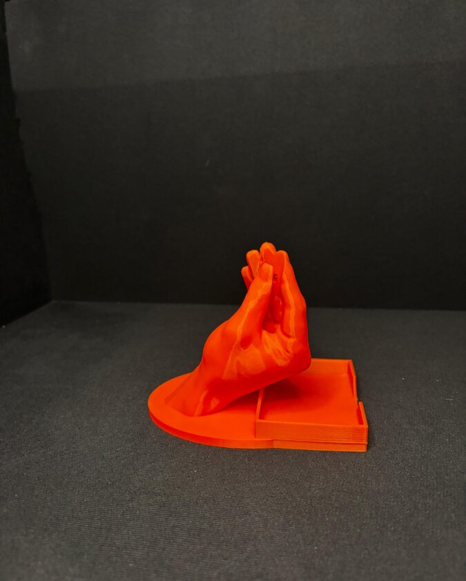 3D-printed “Italian hand” business card holder, PLA [orange] — Durres