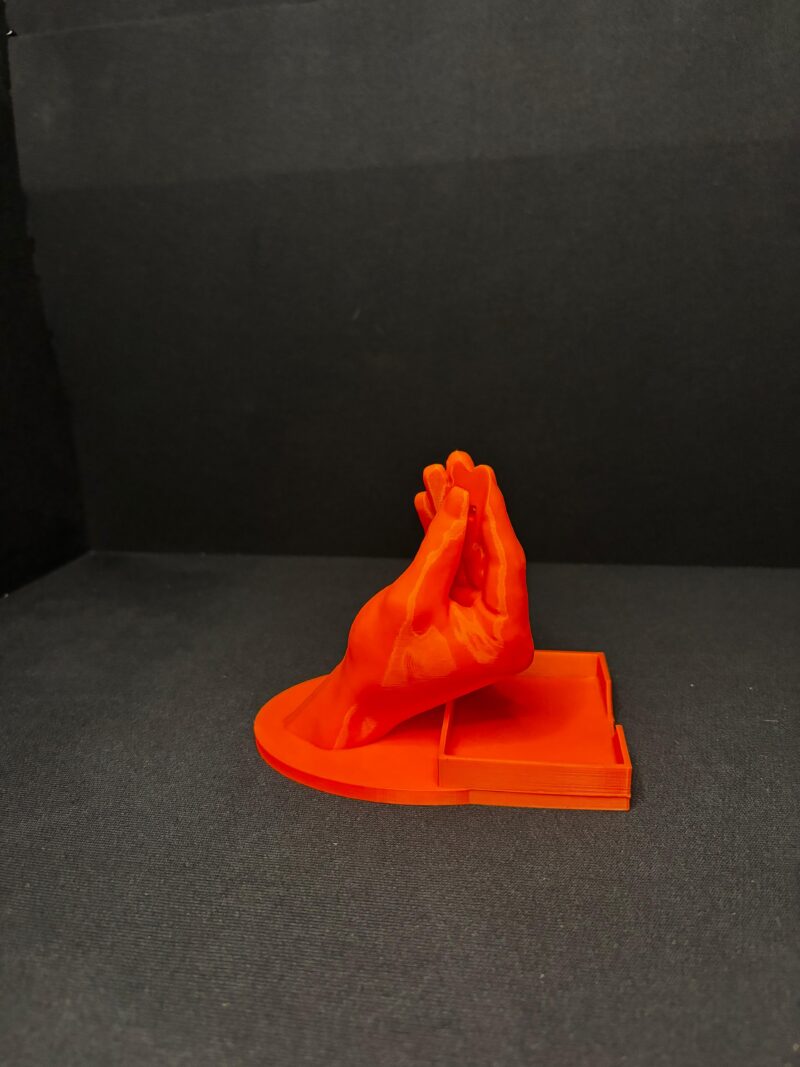 3D-printed “Italian hand” business card holder, PLA [orange] — Durres
